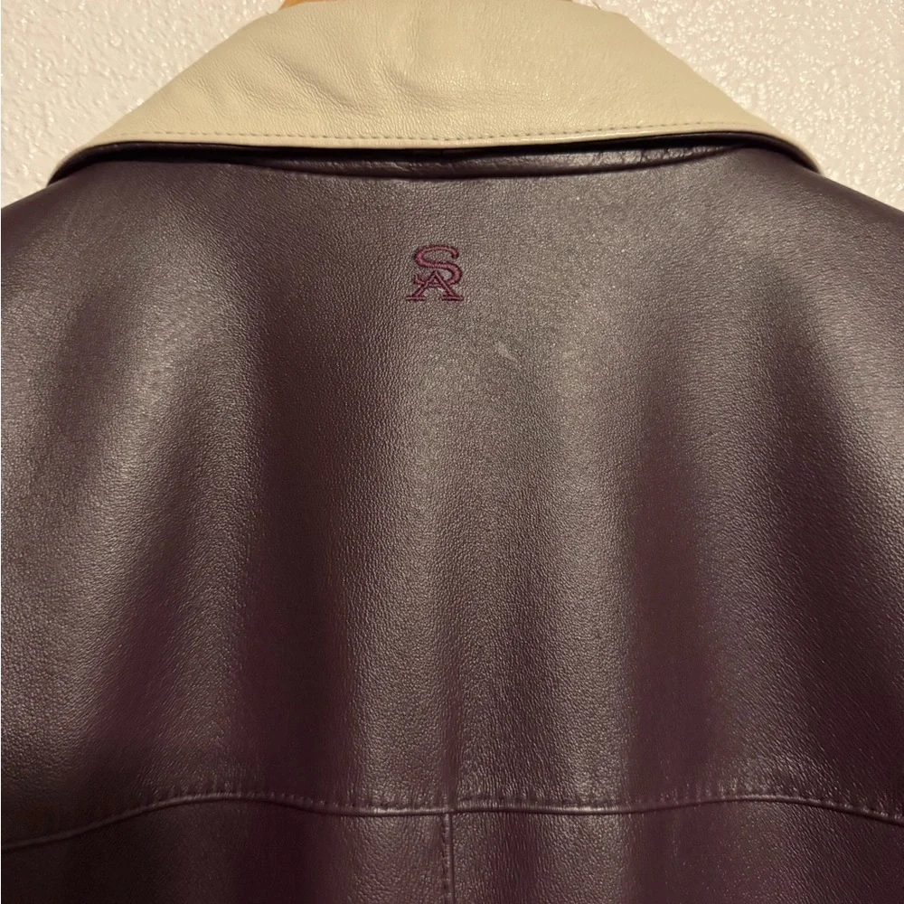 Stacy Adams Men’s Dark Brown Leather Car Coat With Ivory Trim Size Large Vintage